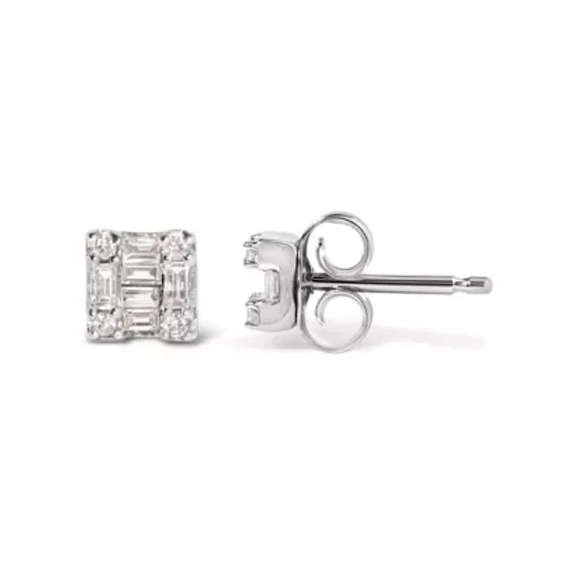 10K White Gold 1/7 Ct Round and Baguette Diamond Mosaic Square Stud Earrings