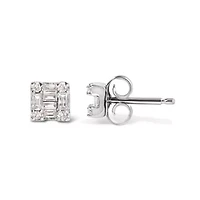 10K White Gold 1/7 Ct Round and Baguette Diamond Mosaic Square Stud Earrings