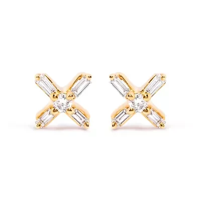 10K Yellow Gold 1/10 Ct Round and Baguette Diamond Criss Cross X Stud Earring
