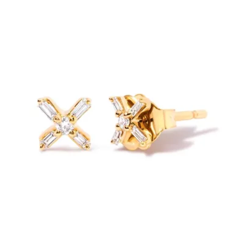 10K Yellow Gold 1/10 Ct Round and Baguette Diamond Criss Cross X Stud Earring