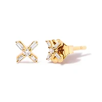 10K Yellow Gold 1/10 Ct Round and Baguette Diamond Criss Cross X Stud Earring