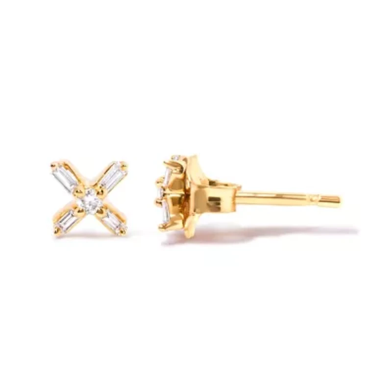 10K Yellow Gold 1/10 Ct Round and Baguette Diamond Criss Cross X Stud Earring