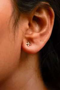 10K Yellow Gold 1/10 Ct Round and Baguette Diamond Criss Cross X Stud Earring
