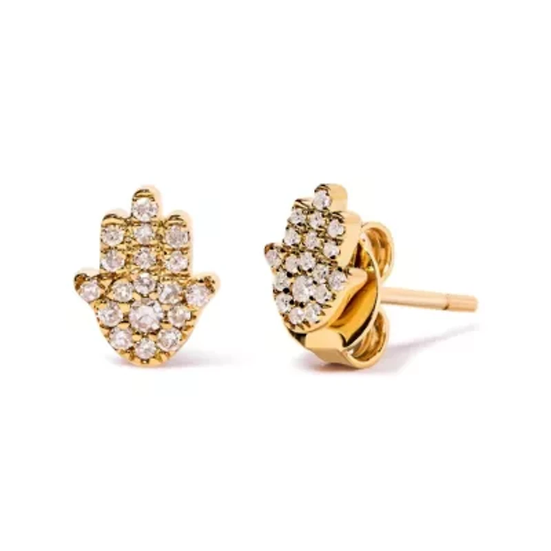 10K Yellow Gold Diamond Accented Hamsa Stud Earrings