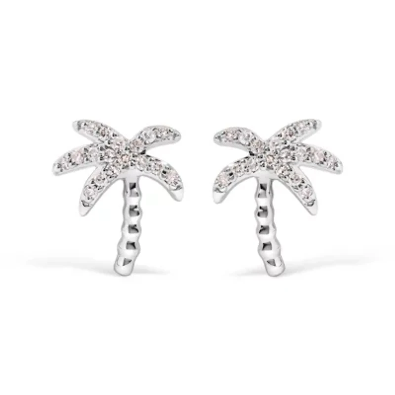 10K White Gold 1/10 Ct Diamond Encrusted Palm Tree Stud Earrings