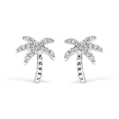 10K White Gold 1/10 Ct Diamond Encrusted Palm Tree Stud Earrings