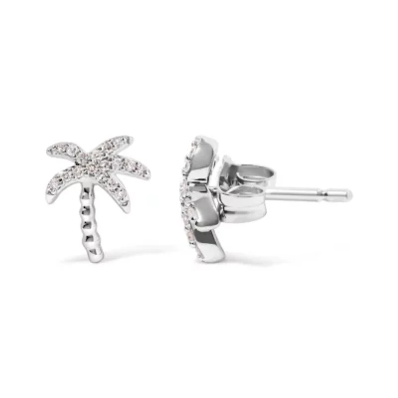 10K White Gold 1/10 Ct Diamond Encrusted Palm Tree Stud Earrings