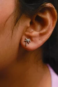 10K White Gold 1/10 Ct Diamond Encrusted Palm Tree Stud Earrings