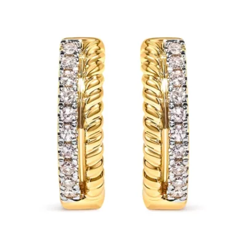 10K Yellow Gold 1/10 Ct Diamond and Rope Twist Huggy Hoop Earrings