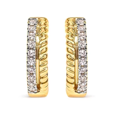 10K Yellow Gold 1/10 Ct Diamond and Rope Twist Huggy Hoop Earrings