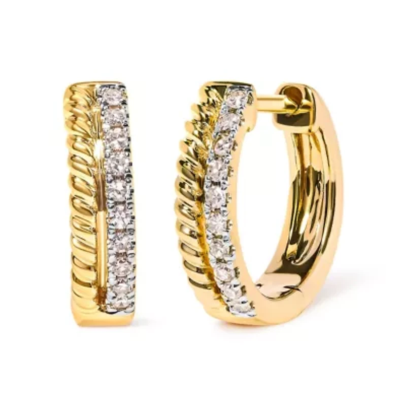 10K Yellow Gold 1/10 Ct Diamond and Rope Twist Huggy Hoop Earrings