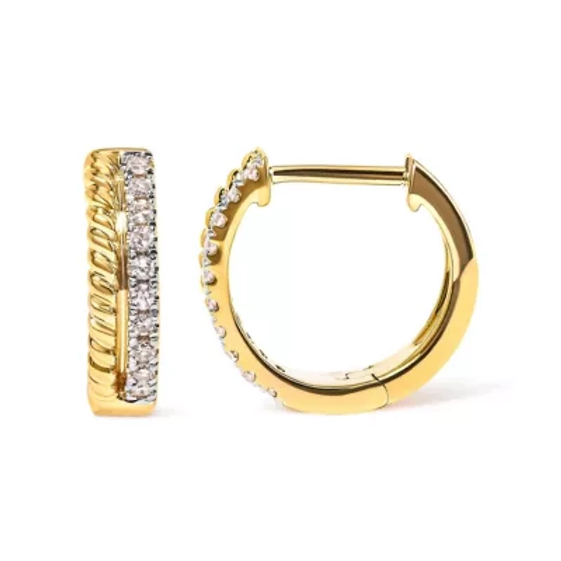 10K Yellow Gold 1/10 Ct Diamond and Rope Twist Huggy Hoop Earrings