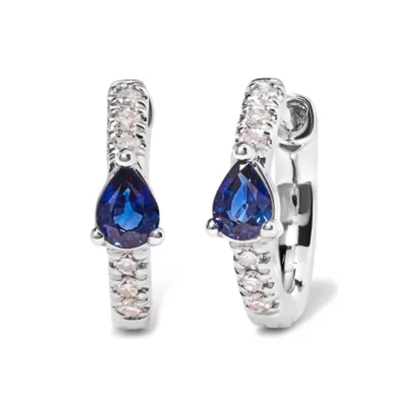 10K White Gold Pear Shaped Blue Sapphire and 1/10 Ct Diamond Huggy Hoop Earrings