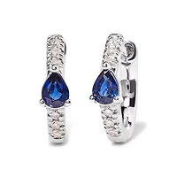 10K White Gold Pear Shaped Blue Sapphire and 1/10 Ct Diamond Huggy Hoop Earrings