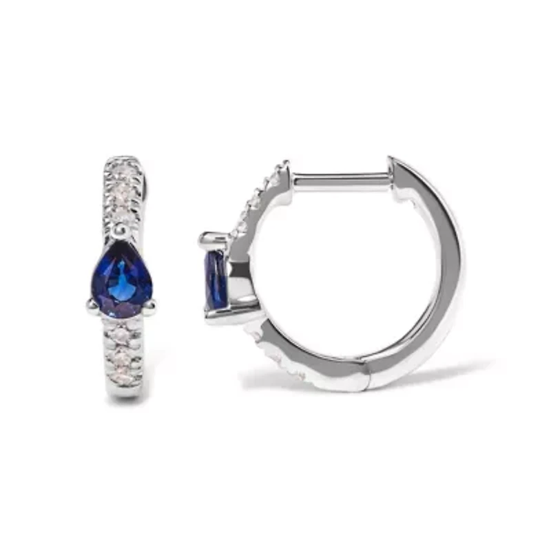 10K White Gold Pear Shaped Blue Sapphire and 1/10 Ct Diamond Huggy Hoop Earrings