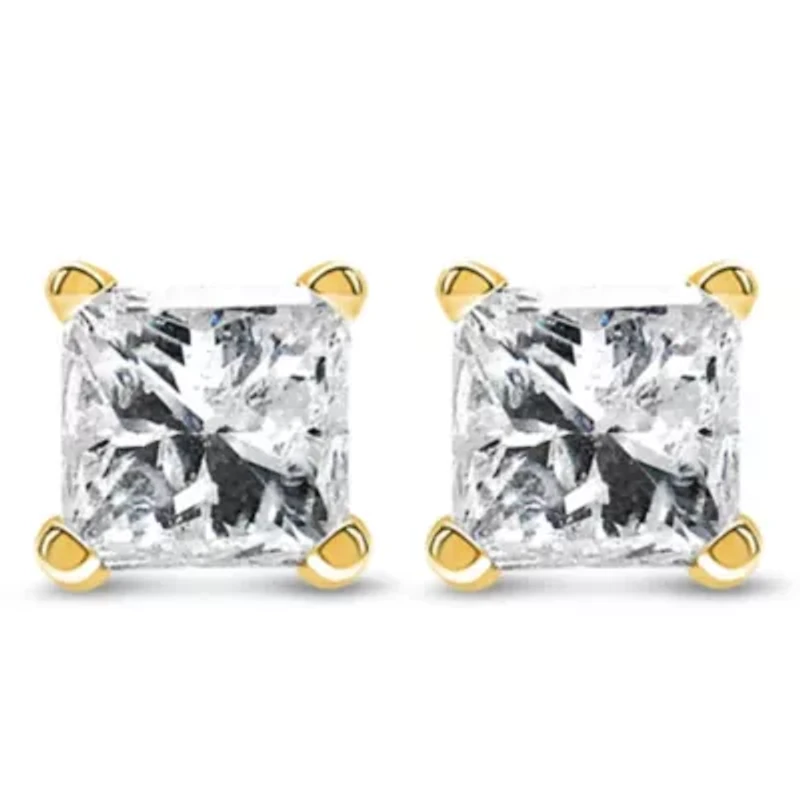 IGI Certified 14k Yellow Gold 1/2 Ct Princess Solitaire Diamond Stud Earrings