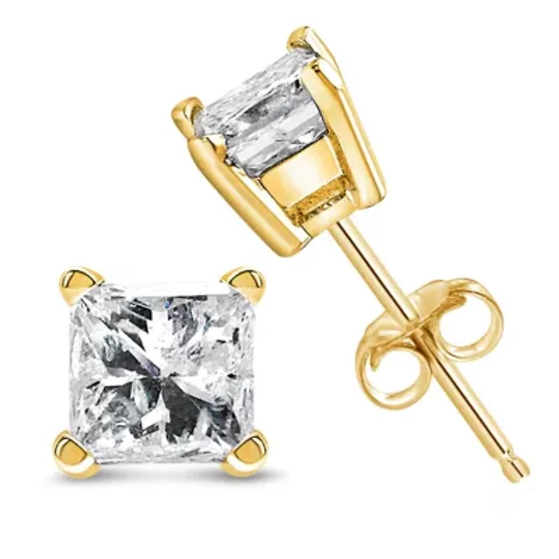 IGI Certified 14k Yellow Gold 1/2 Ct Princess Solitaire Diamond Stud Earrings