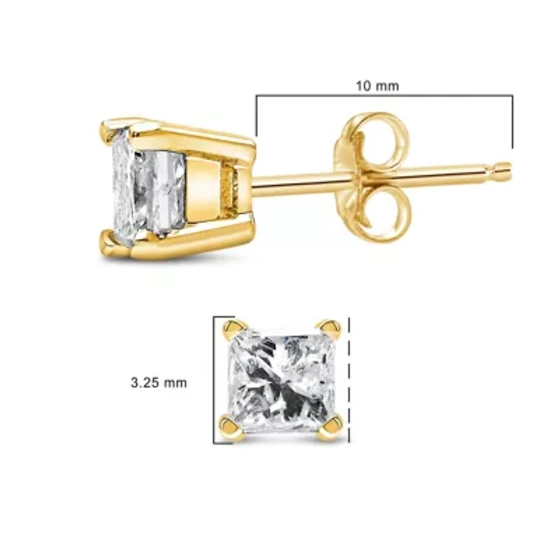 IGI Certified 14k Yellow Gold 1/2 Ct Princess Solitaire Diamond Stud Earrings
