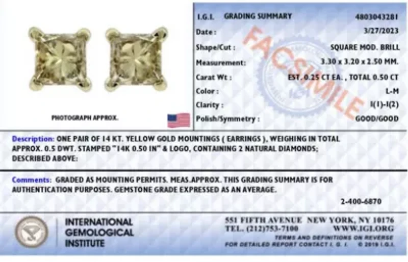 IGI Certified 14k Yellow Gold 1/2 Ct Princess Solitaire Diamond Stud Earrings