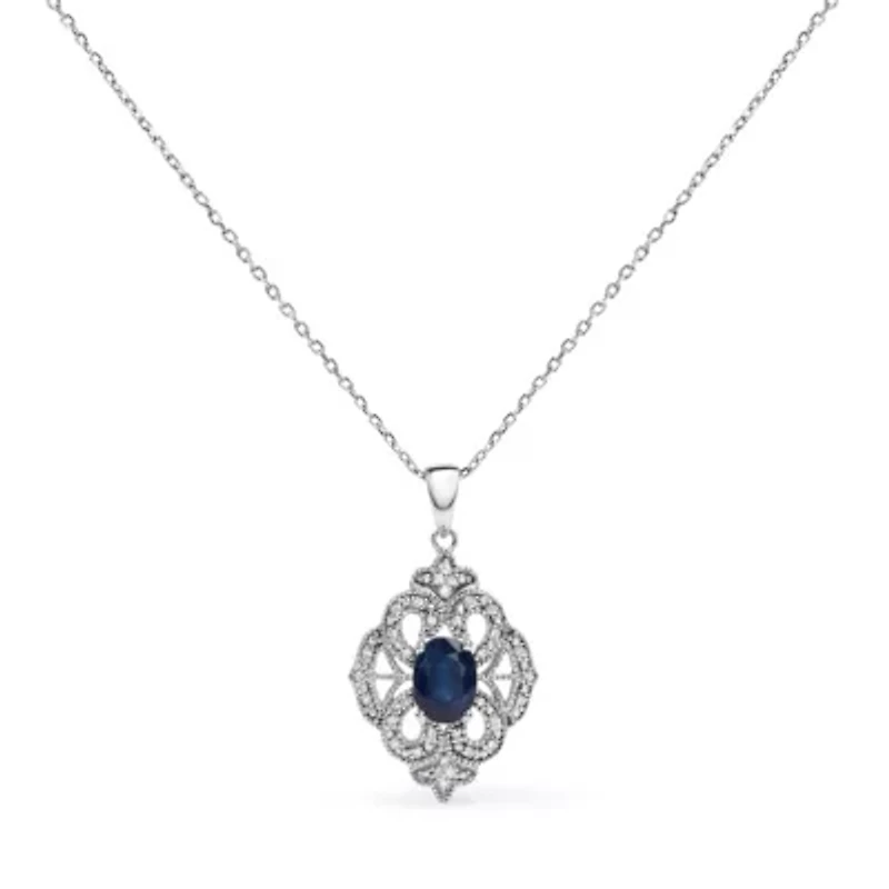 Silver 7x5 MM Oval Blue Sapphire and Diamond Art Deco Style Pendant Necklace
