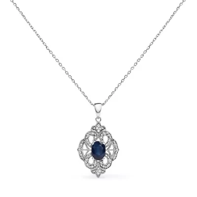 Silver 7x5 MM Oval Blue Sapphire and Diamond Art Deco Style Pendant Necklace