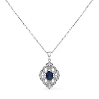 Silver 7x5 MM Oval Blue Sapphire and Diamond Art Deco Style Pendant Necklace