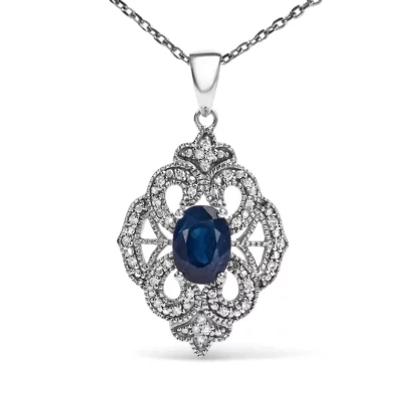 Silver 7x5 MM Oval Blue Sapphire and Diamond Art Deco Style Pendant Necklace