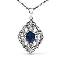 Silver 7x5 MM Oval Blue Sapphire and Diamond Art Deco Style Pendant Necklace