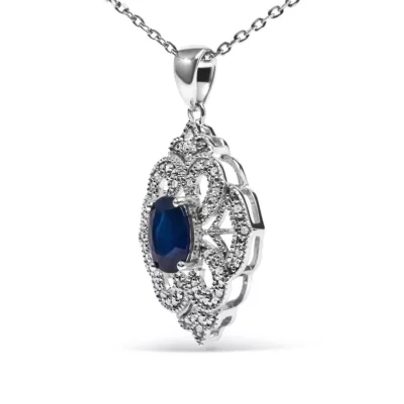 Silver 7x5 MM Oval Blue Sapphire and Diamond Art Deco Style Pendant Necklace