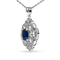 Silver 7x5 MM Oval Blue Sapphire and Diamond Art Deco Style Pendant Necklace