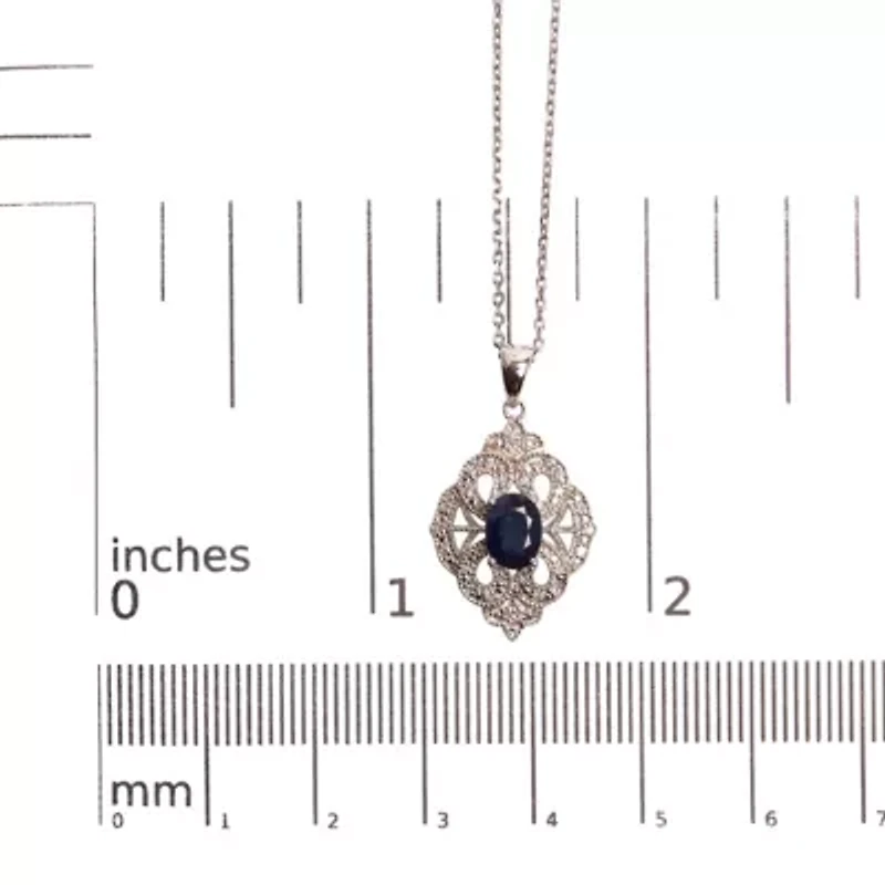 Silver 7x5 MM Oval Blue Sapphire and Diamond Art Deco Style Pendant Necklace