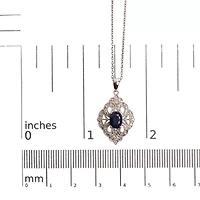 Silver 7x5 MM Oval Blue Sapphire and Diamond Art Deco Style Pendant Necklace