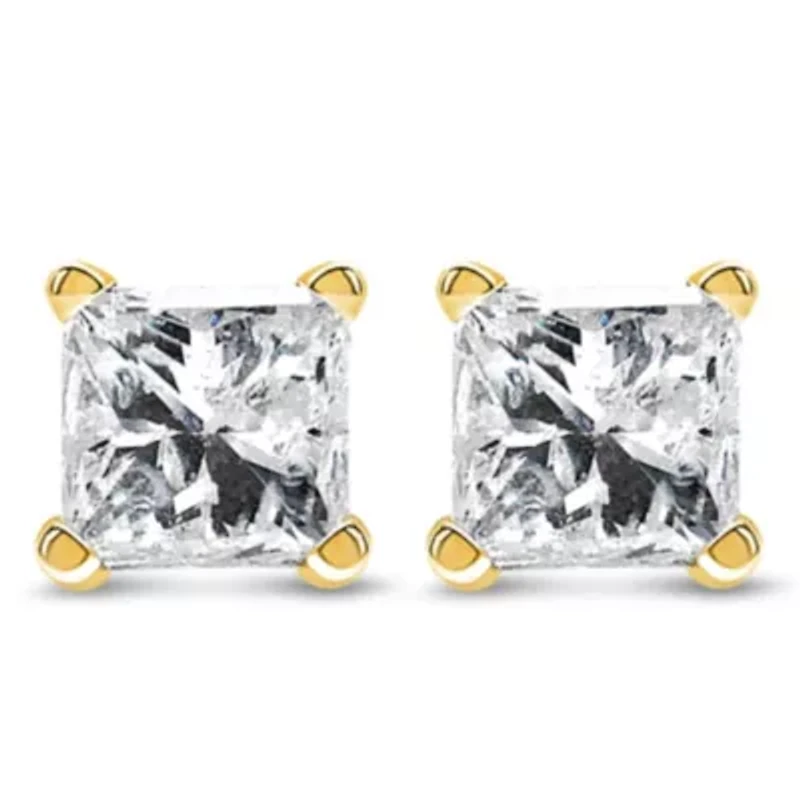 IGI Certified / Ct Princess Diamond Solitaire Stud Earrings in 14K Yellow Gold