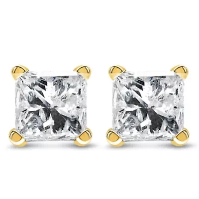 IGI Certified / Ct Princess Diamond Solitaire Stud Earrings in 14K Yellow Gold