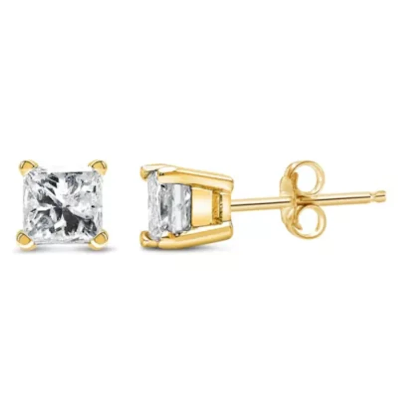 IGI Certified / Ct Princess Diamond Solitaire Stud Earrings in 14K Yellow Gold