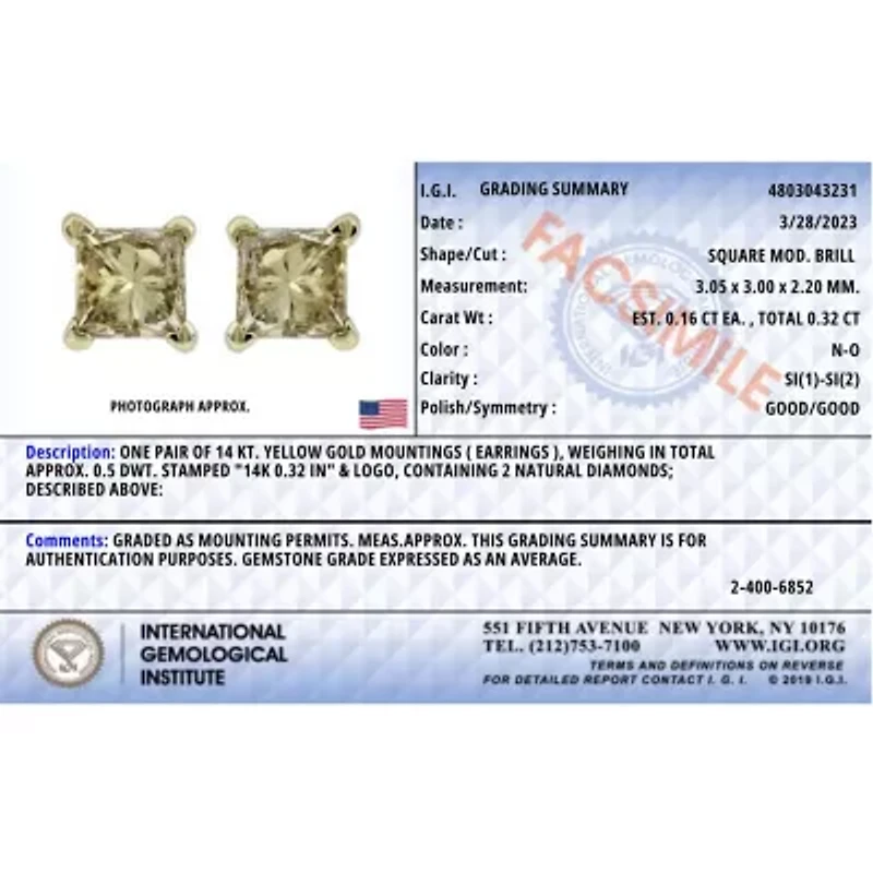IGI Certified 14k Yellow Gold 1/3 Ct Princess Solitaire Diamond Stud Earrings