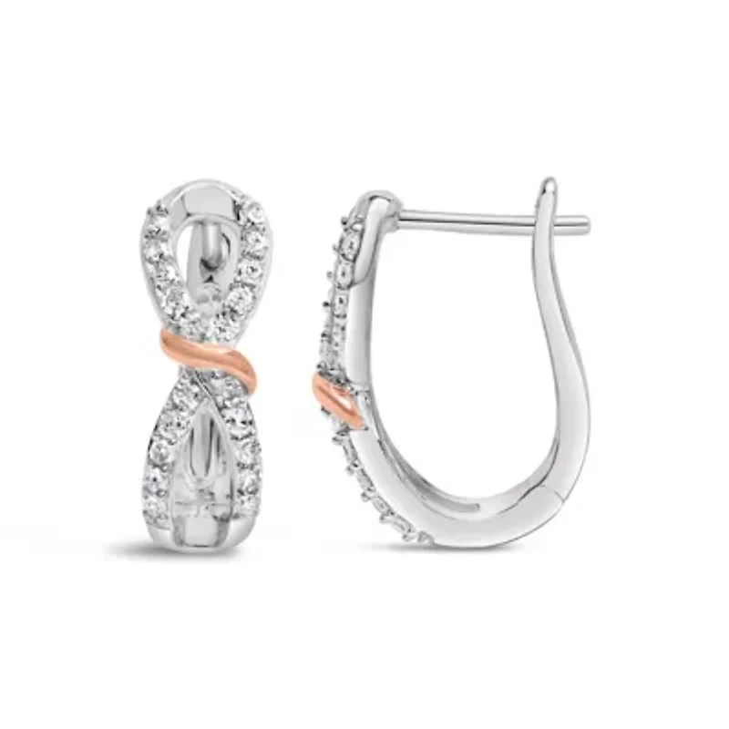 10K White and Rose Gold 1/3 Ct Diamond Infinite and Ribbon Hoop Earrings