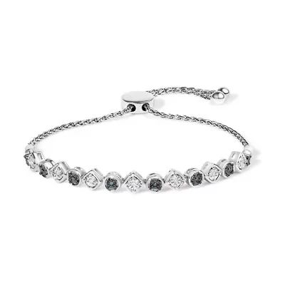 Sterling Silver 1/10 Cttw Alternating Blue and White Diamond Link Bolo Bracelet