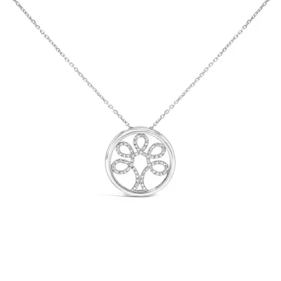 .925 Sterling Silver 1/10 Cttw Diamond Tree of Life Pendant Necklace