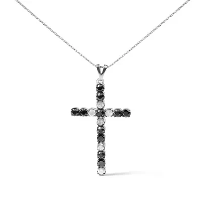 Silver 2.0 Cttw Round Natural Treated Black and White Diamond Cross Pendant Necklace