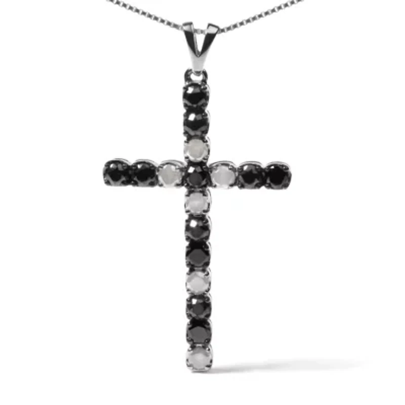 Silver 2.0 Cttw Round Natural Treated Black and White Diamond Cross Pendant Necklace