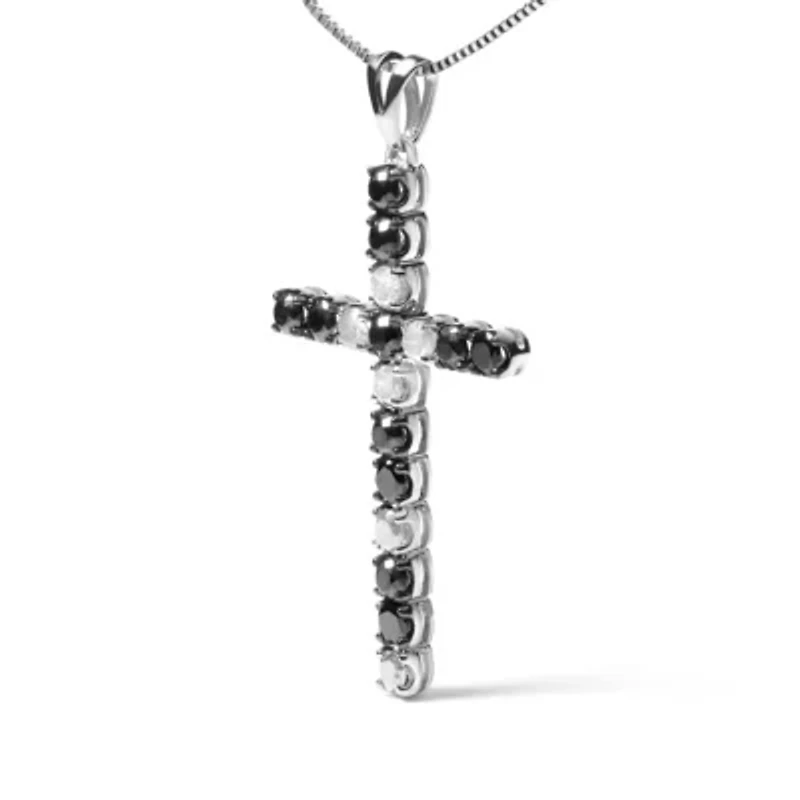 Silver 2.0 Cttw Round Natural Treated Black and White Diamond Cross Pendant Necklace
