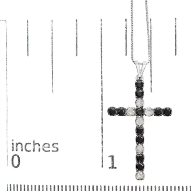 Silver 2.0 Cttw Round Natural Treated Black and White Diamond Cross Pendant Necklace