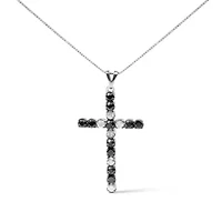 Silver 1.0 Cttw Black and White Diamond Alternating Classic Cross Pendant Necklace"