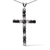 Silver 1.0 Cttw Black and White Diamond Alternating Classic Cross Pendant Necklace"