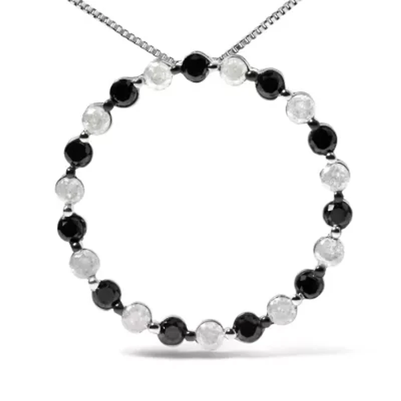 Silver 1 3/4 Cttw Black and White Diamond Open Circle Hoop Pendant Necklace