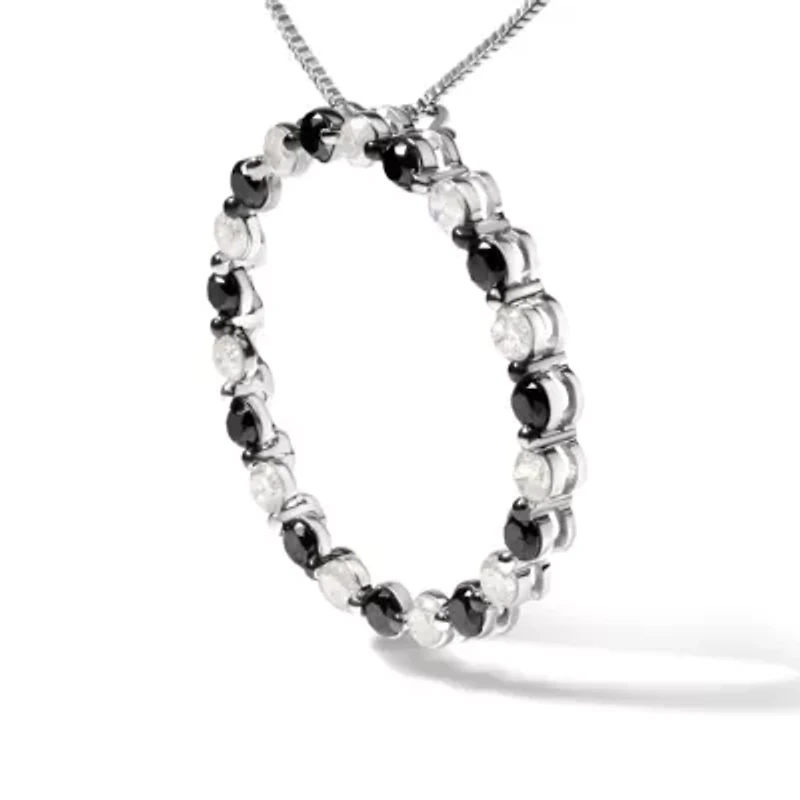 Silver 1 3/4 Cttw Black and White Diamond Open Circle Hoop Pendant Necklace