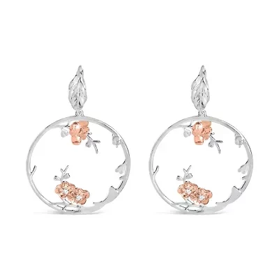Rose Gold Plated Silver 1/10 Ct Diamond Floral Hoop Earrings