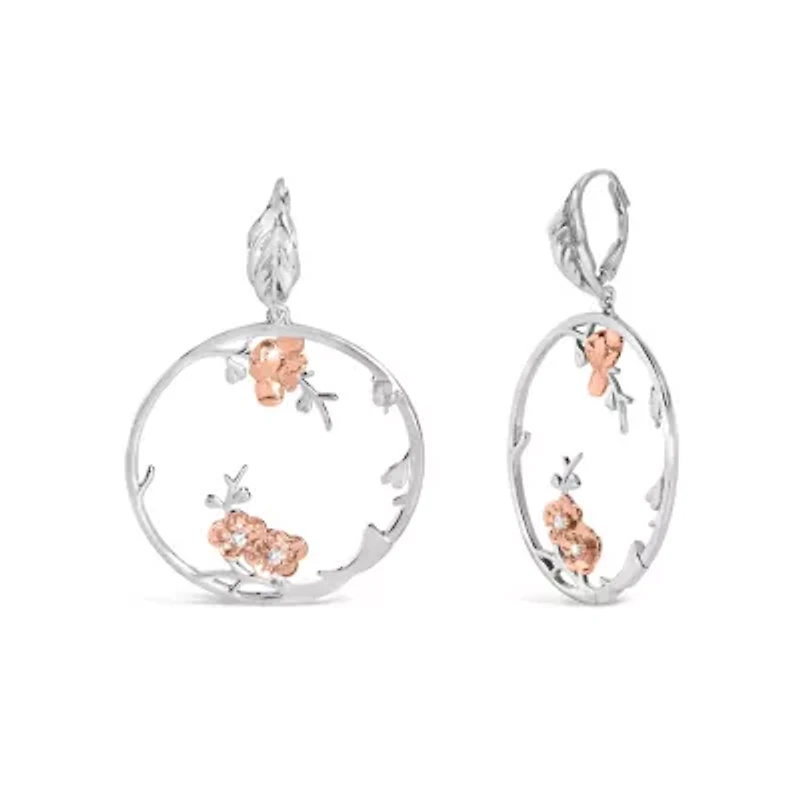 Rose Gold Plated Silver 1/10 Ct Diamond Floral Hoop Earrings