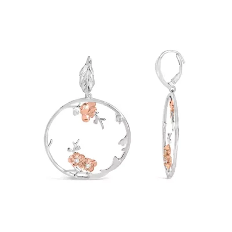 Rose Gold Plated Silver 1/10 Ct Diamond Floral Hoop Earrings